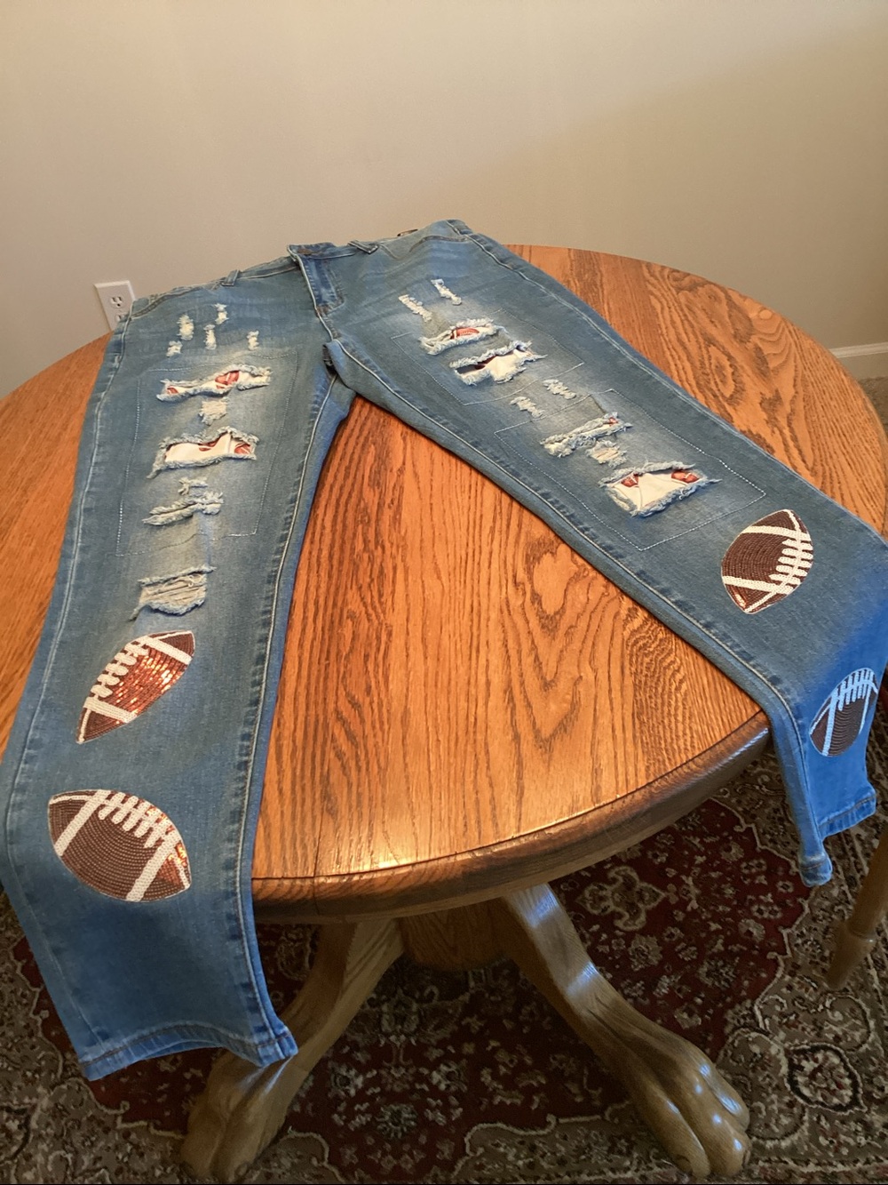 Blue Distressed Women's Jeans with Football Patch - Picture 3 of 4